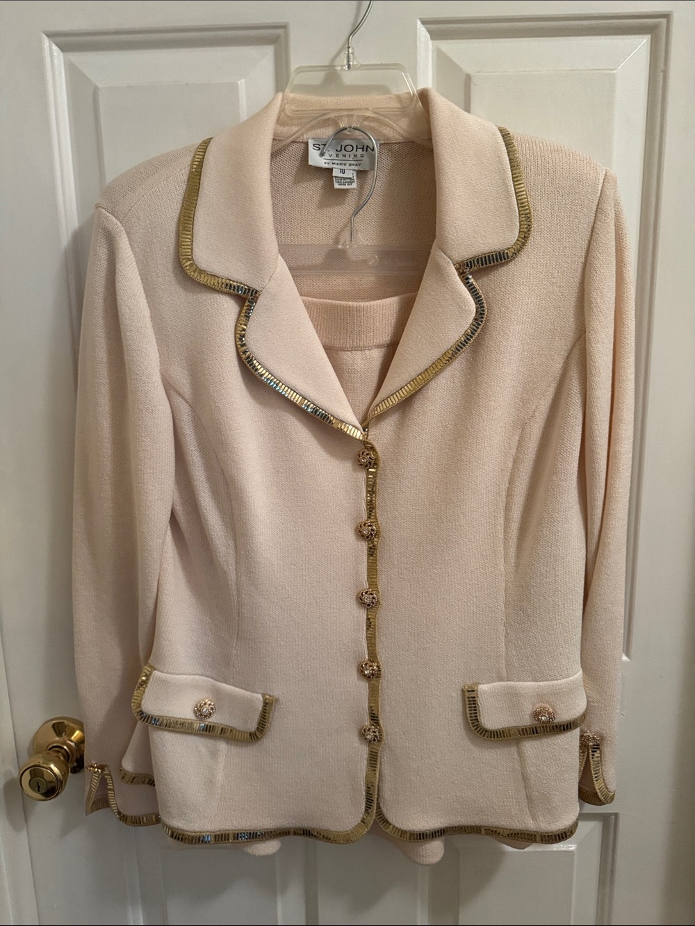 St. John Blush Pink Knit Blazer with Gold Trim
